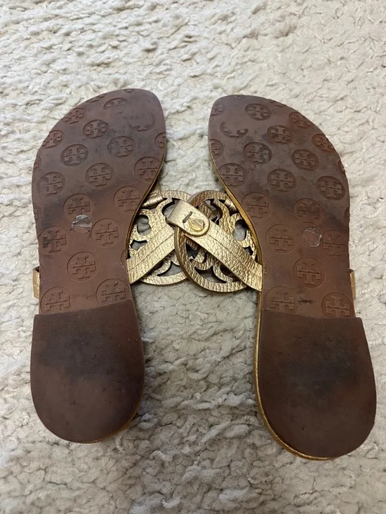 Tory Burch Metallic Gold Leather Logo Sandals - Picture 4 of 10